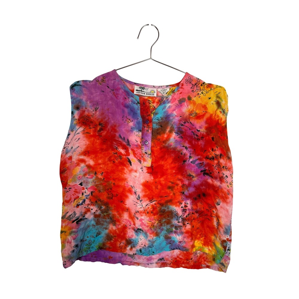 Hippie Cotton Breeze Multicolor Tie Dye Floral Rayon Sleeveless Top XL Boho